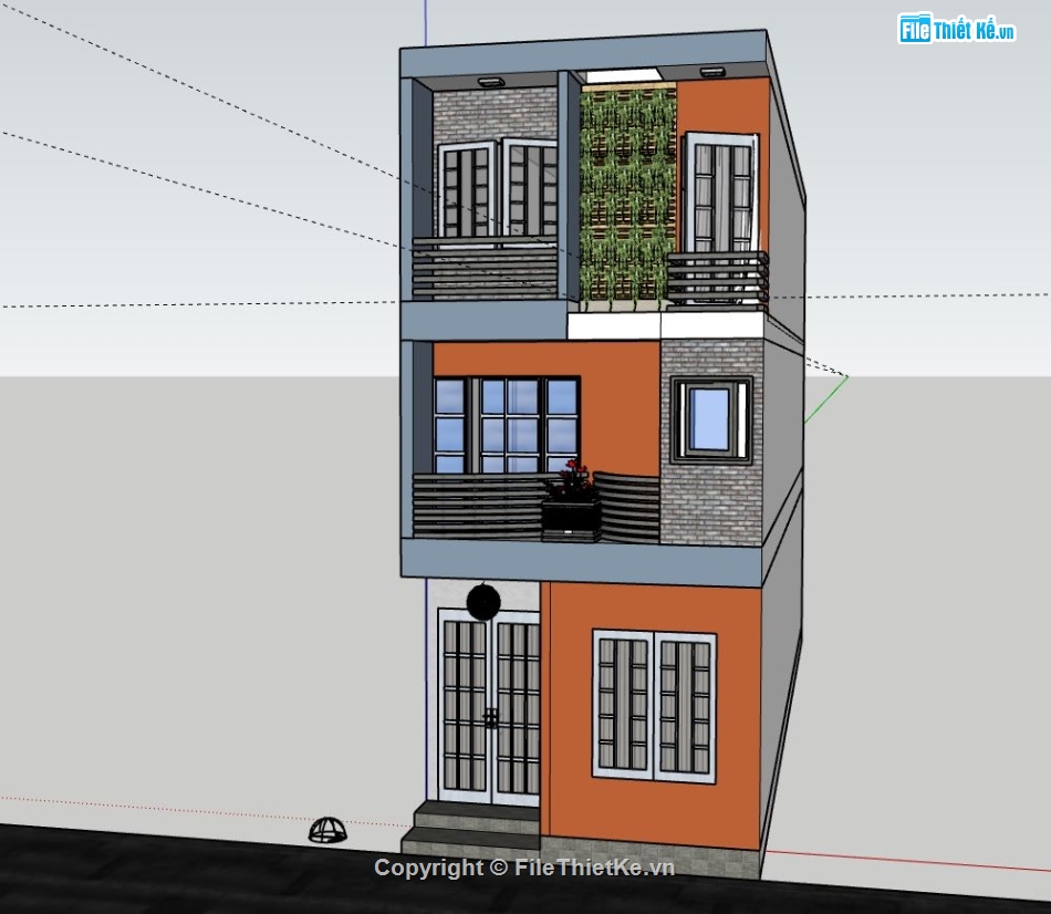 nhà phố 3 tầng,file sketchup nhà phố 3 tầng,mẫu nhà phố 3 tầng,phối cảnh nhà phố 3 tầng