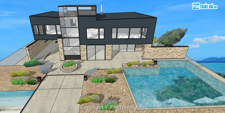 biệt thự nghỉ dưỡng file su,thiết kế biệt thự hiện đại file sketchup,dựng sketchup nhà biệt thự