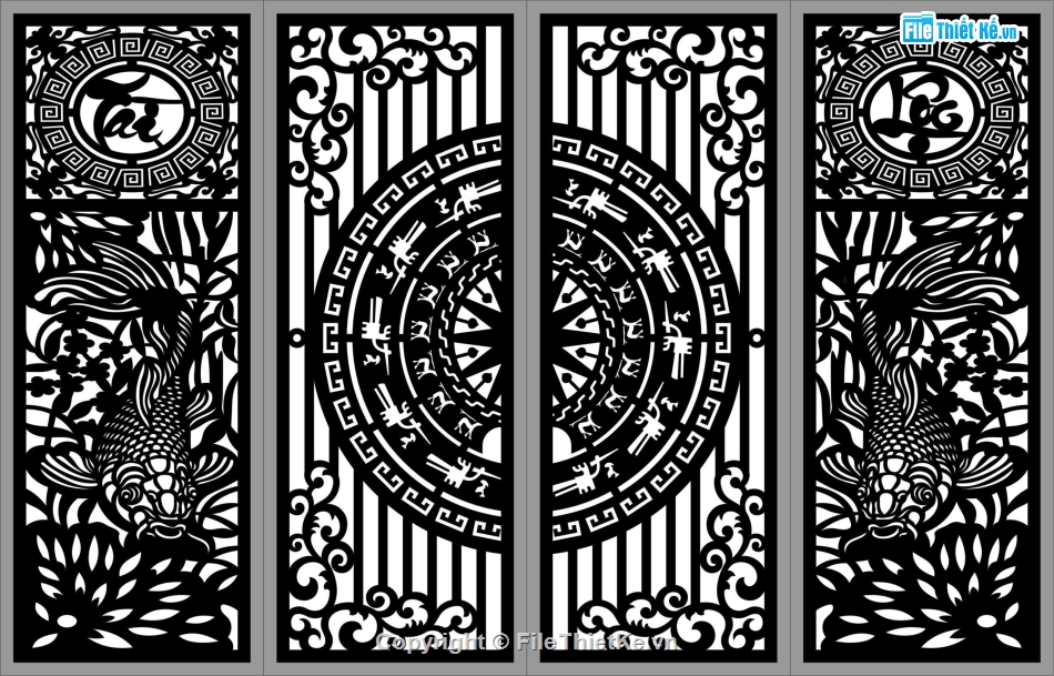 Cổng 4 cánh cá chép tài lộc,cổng 4 cánh cá chép,file dxf cổng 4 cánh đẹp