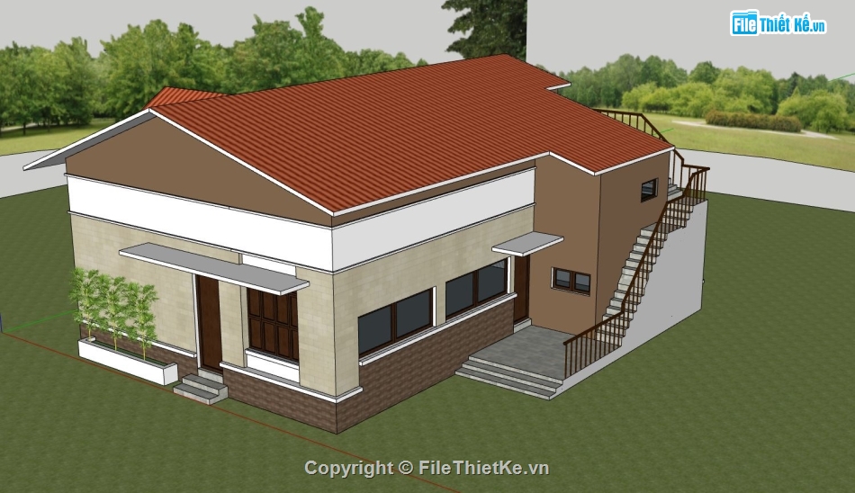 thiết kế nhà cấp 4,nhà cấp 4 sketchup,nhà 1 tầng đẹp,kiến trúc nhà cấp 4