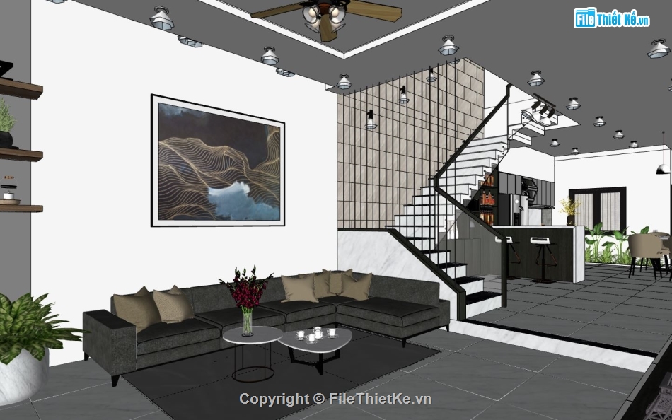 su phòng khách bếp,dựng phòng khách bếp sketchup,phối cảnh phòng khách,phòng bếp hiện đại