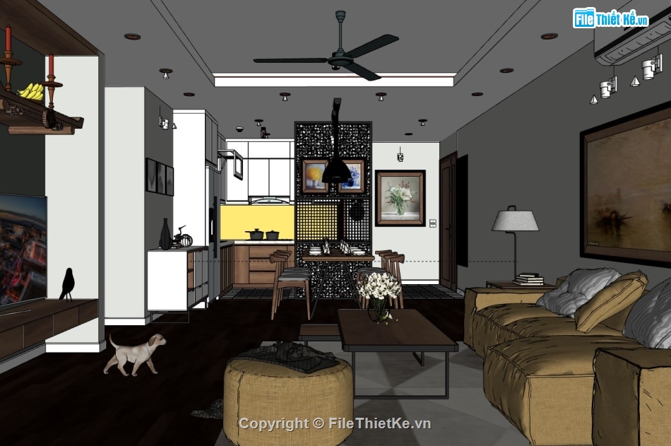 sketchup phòng khách,file sketchup phòng khách bếp,phối cảnh phòng khách bếp,model phòng khách bếp su