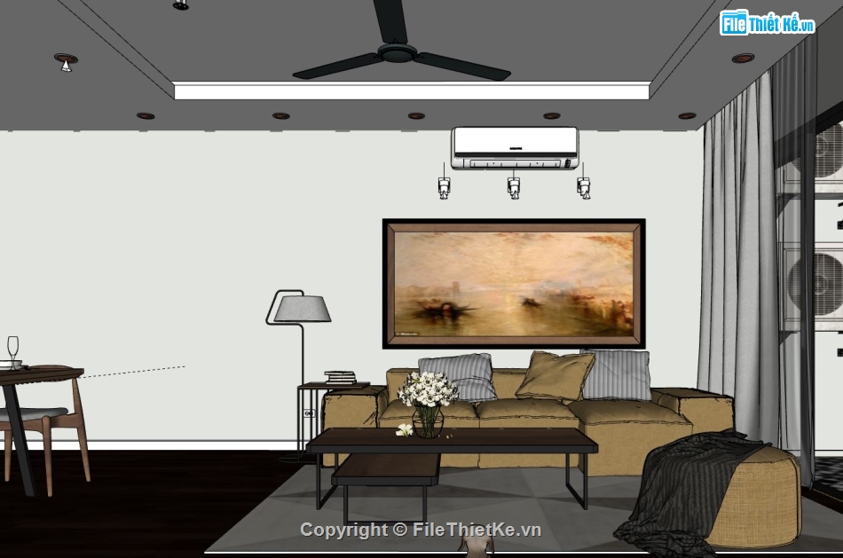 sketchup phòng khách,file sketchup phòng khách bếp,phối cảnh phòng khách bếp,model phòng khách bếp su