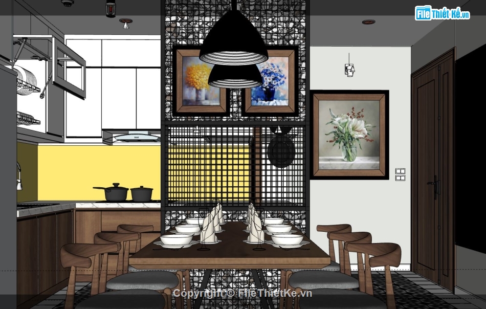 sketchup phòng khách,file sketchup phòng khách bếp,phối cảnh phòng khách bếp,model phòng khách bếp su