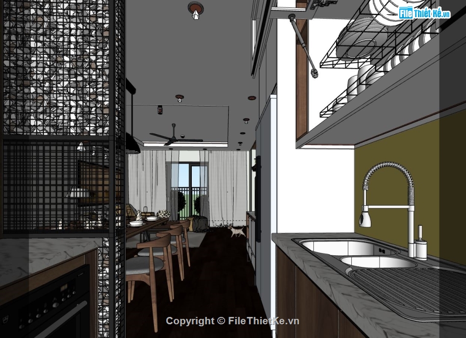 sketchup phòng khách,file sketchup phòng khách bếp,phối cảnh phòng khách bếp,model phòng khách bếp su