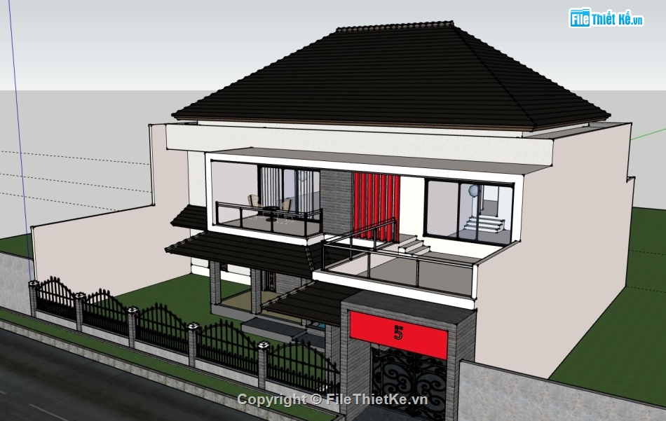 thiết kế biệt thự 2 tầng,biệt thự sketchup,model sketchup biệt thự 2 tầng,phối cảnh biệt thự 2 tầng
