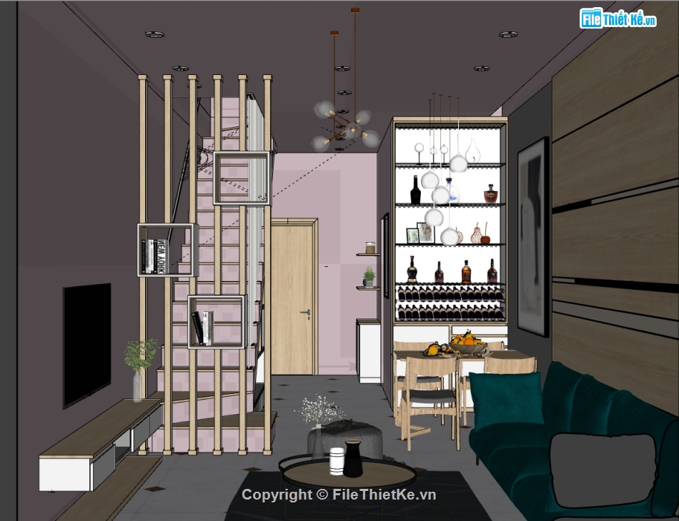 nội thất nhà phố 2 tầng,sketchup nội thất gia đình,nội thất phòng khách nhà bếp,sketchup nội thất phòng ngủ