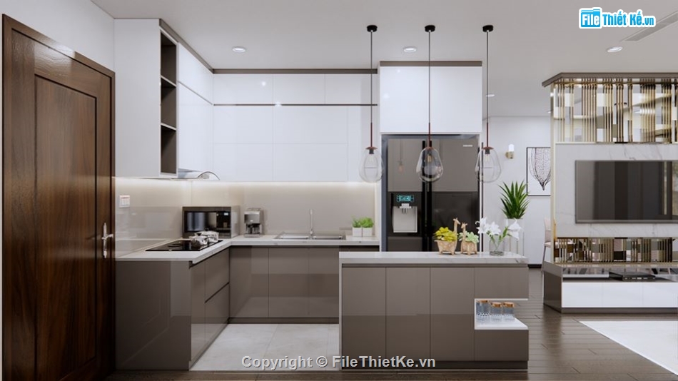 nội thất khách bếp sketchup,file sketchup nội thất chung cư,phòng khách hiện đại,phòng bếp sketchup