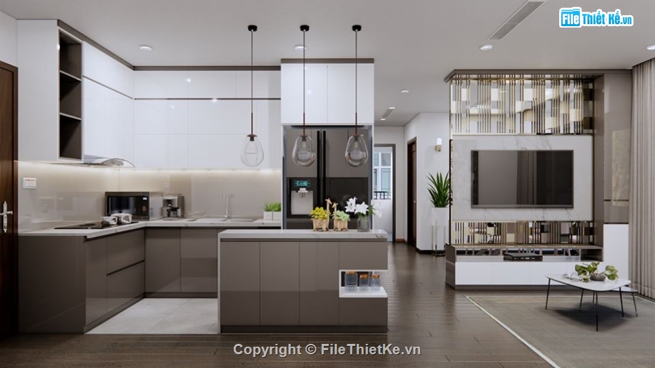 nội thất khách bếp sketchup,file sketchup nội thất chung cư,phòng khách hiện đại,phòng bếp sketchup