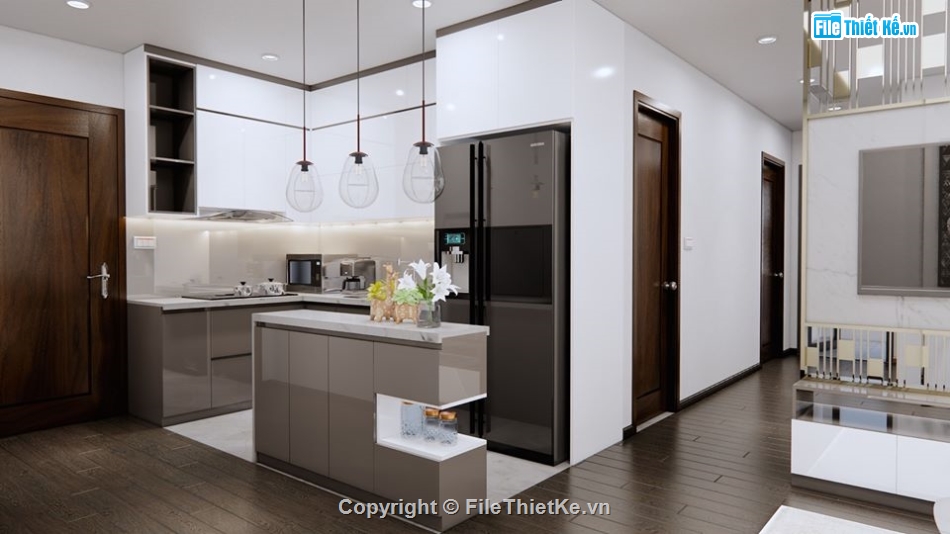 nội thất khách bếp sketchup,file sketchup nội thất chung cư,phòng khách hiện đại,phòng bếp sketchup