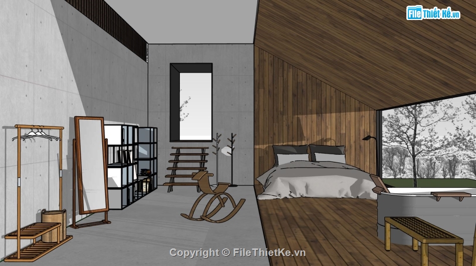 thiết kế phòng ngủ sketchup,phòng ngủ áp mái,file su phòng ngủ áp mái