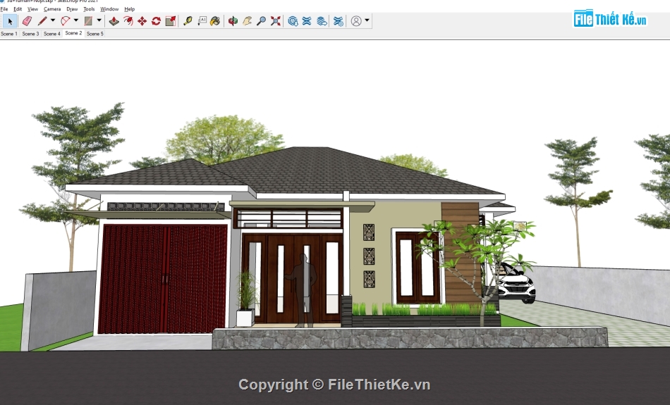 Model 3d biệt thự 1 tầng,file sketchup biệt thự 1 tầng,biệt thự 1 tầng sketchup,biệt thự sketchup