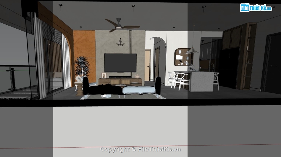 sketchup nội thất căn hộ,nội thất phòng ngủ,sketchup nội thất phòng khách bếp
