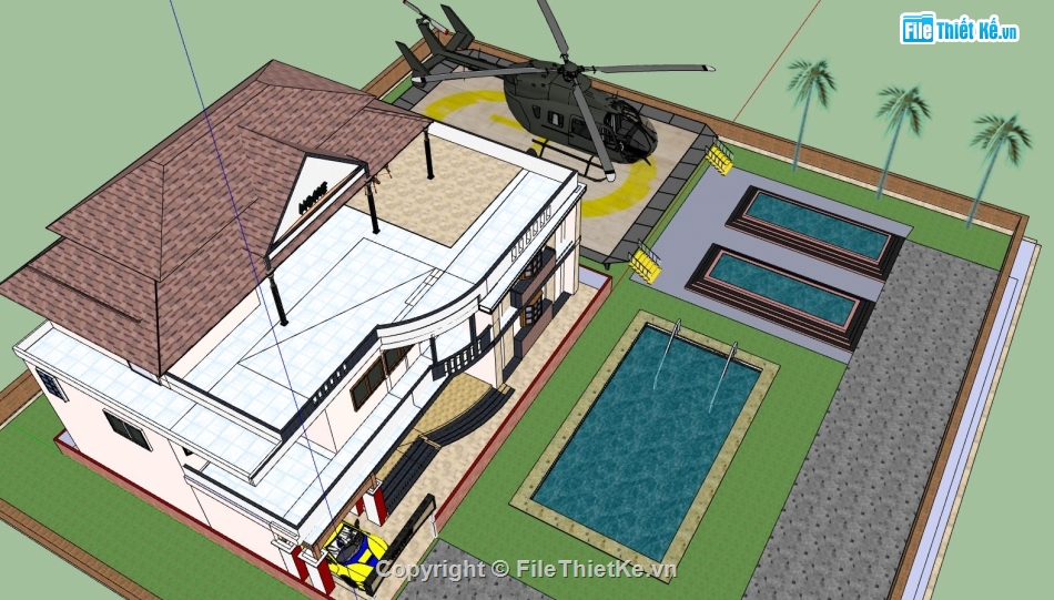 biệt thự 3 tầng,file sketchup biệt thự 3 tầng,phối cảnh biệt thự