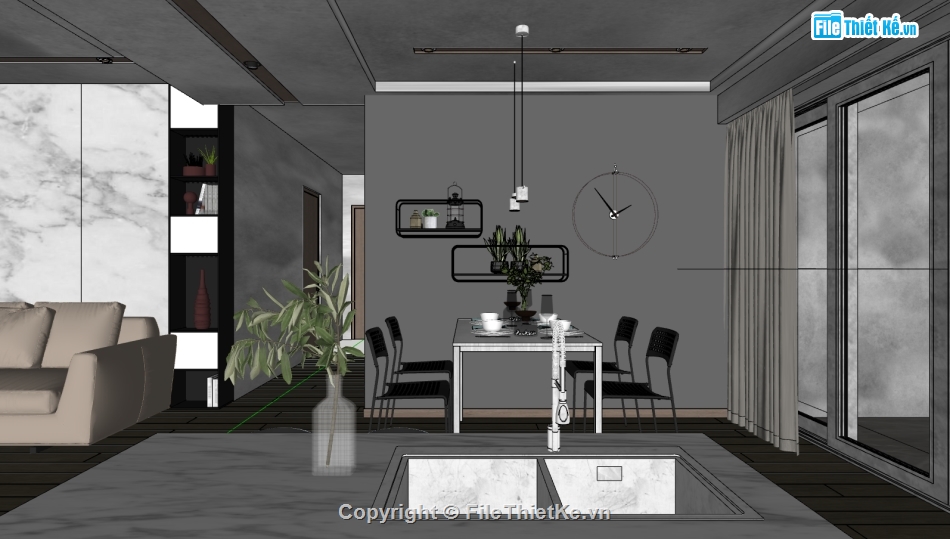 sketchup nội thất khách bếp,file phòng khách sketchup,sketchup nội thất phòng bếp,sketchup nội thất chung cư