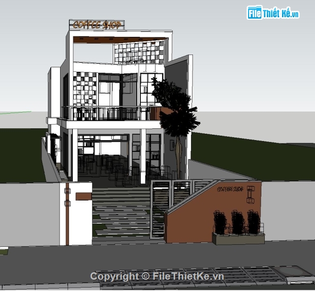 kiến trúc quán cà phê,sketchup,bản vẽ quán cà phê tuyệt đẹp,mẫu nhà phố hiện đại,Model quán cafe