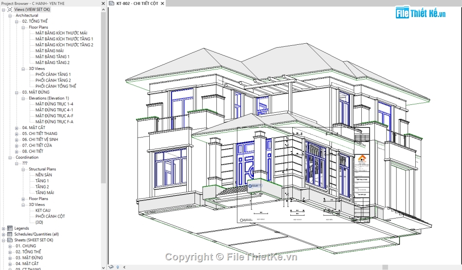 Biệt thự  2 tầng,Revit biệt thự,model revit biệt thự,mẫu biệt thự 11.15x14.32m,bản vẽ biệt thự 2 tầng