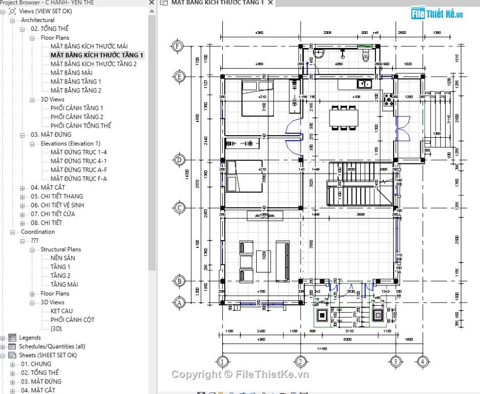 Biệt thự  2 tầng,Revit biệt thự,model revit biệt thự,mẫu biệt thự 11.15x14.32m,bản vẽ biệt thự 2 tầng