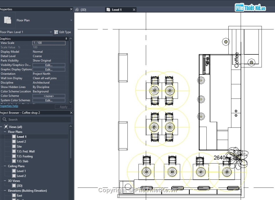 kiến trúc quán cà phê,revit nội thất,revit quán cà phê