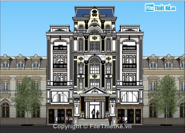 Khách sạn 5 tầng,phối cảnh biệt thự phố,sketchup biệt thự,Sketchup khách sạn 5 tầng,Villa tân cổ điển,khách sạn tân cổ điển