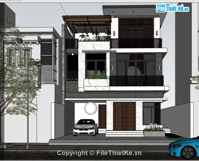 Sketchup Villa,Sketchup 3 tầng,Sketchup biệt thự 3 tâng,sketchup mẫu nhà phố 3 tầng,biệt thự 3 tầng đẹp