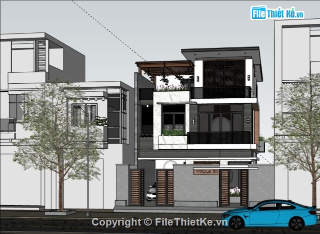 Sketchup Villa,Sketchup 3 tầng,Sketchup biệt thự 3 tâng,sketchup mẫu nhà phố 3 tầng,biệt thự 3 tầng đẹp