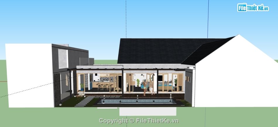 Su biệt thự 1 tầng,sketchup biệt thự 1 tầng,file su nội thất biệt thự