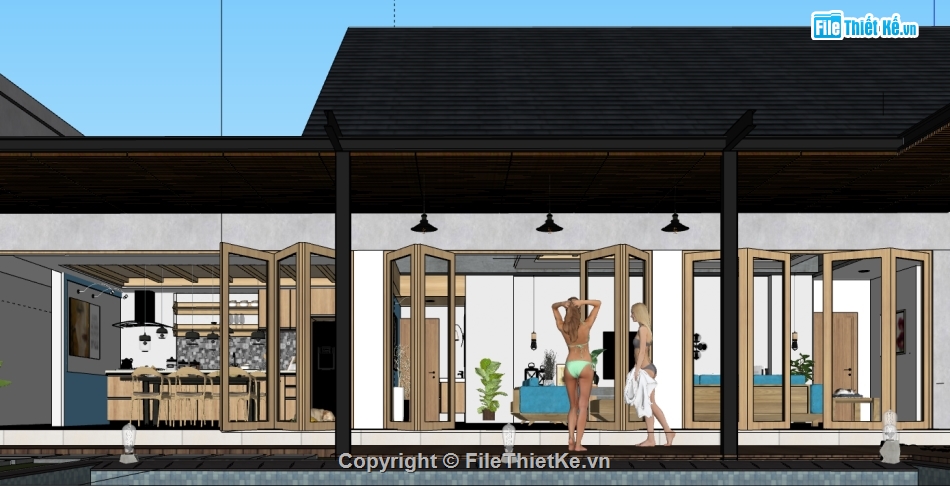 Su biệt thự 1 tầng,sketchup biệt thự 1 tầng,file su nội thất biệt thự