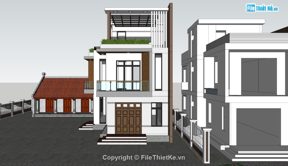 nhà phố 3 tầng,Model sketchup nhà phố 2 tầng 1 tum,sketchup nhà phố hiện đại,nhà phố có 2 mặt tiền