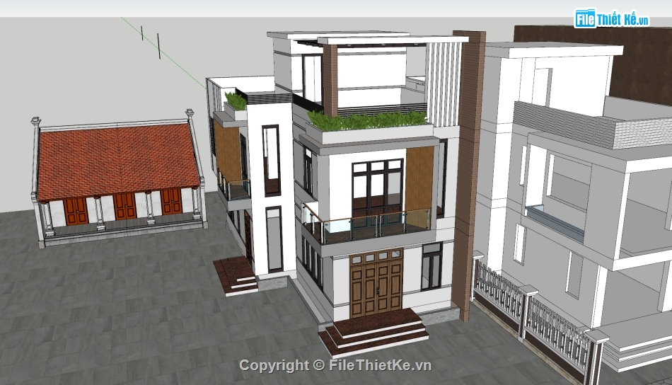 nhà phố 3 tầng,Model sketchup nhà phố 2 tầng 1 tum,sketchup nhà phố hiện đại,nhà phố có 2 mặt tiền