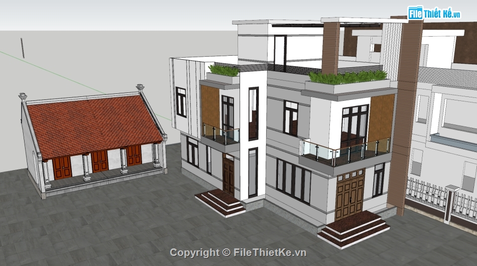 nhà phố 3 tầng,Model sketchup nhà phố 2 tầng 1 tum,sketchup nhà phố hiện đại,nhà phố có 2 mặt tiền