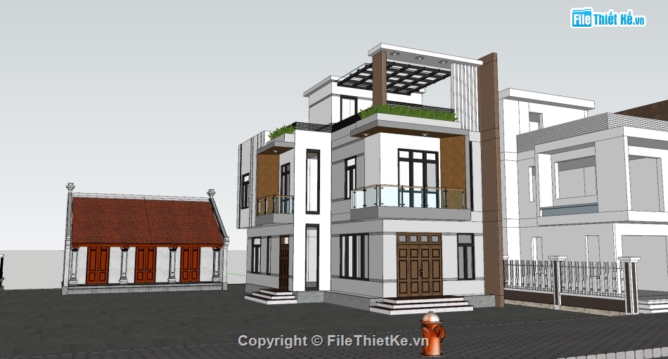 nhà phố 3 tầng,Model sketchup nhà phố 2 tầng 1 tum,sketchup nhà phố hiện đại,nhà phố có 2 mặt tiền