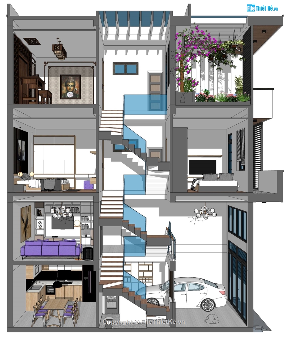 nhà 3 tầng su 5x11.3m,Su nhà phố  3 tầng 5x11.3m,model su nhà 3 tầng,file su nhà phố 3 tầng,file sketchup nhà phố 3 tầng