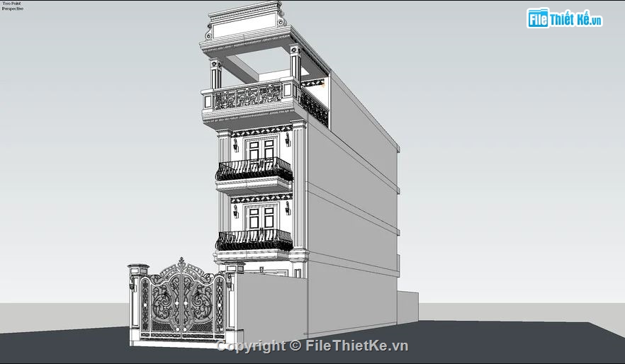 Nhà 4 tầng tân cổ điển,Sketchup Nhà 4 tầng,Model SU Nhà 4 tầng,Phố 4 tầng Tần 8x21.5m