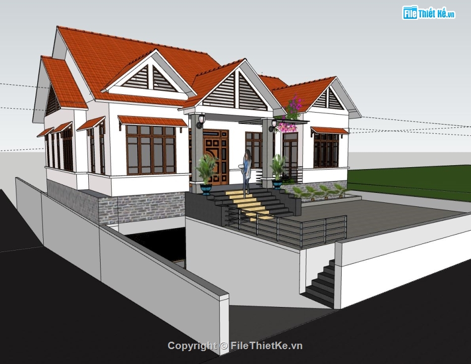 biệt thự 1 tầng,biệt thự sketchup,model su biệt thự 1 tầng,phối cảnh biệt thự 1 tầng