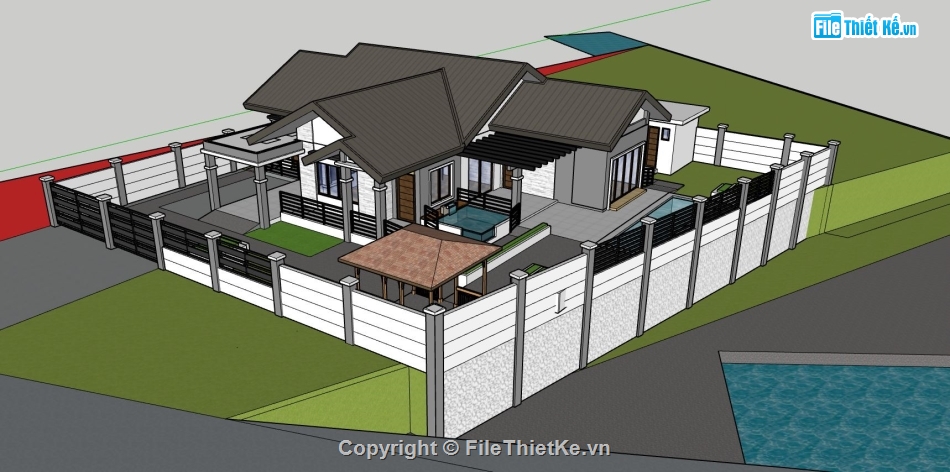 sketchup biệt thự 1 tầng,phối cảnh biệt thự 1 tầng,mẫu 3d biệt thự 1 tầng,ngoại thất biệt thự 1 tầng