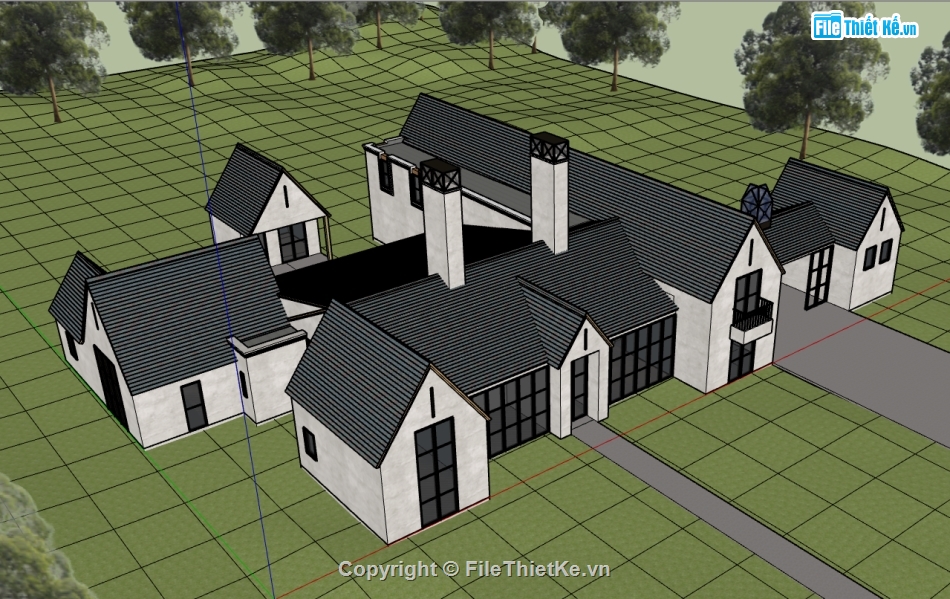 biệt thự 1 tầng,biệt thự 1 tầng sketchup,model su biệt thự 1 tầng,mẫu biệt thự 1 tầng