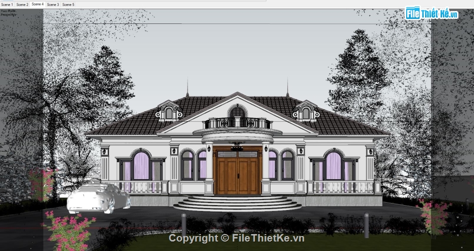 sketchup biệt thự 1 tầng,Biệt thự 1 tầng 18.5x7.5m,Model su biệt thự 1 tầng,File sketchup biệt thự 1 tầng,Biệt thự 1 tầng file sketchup