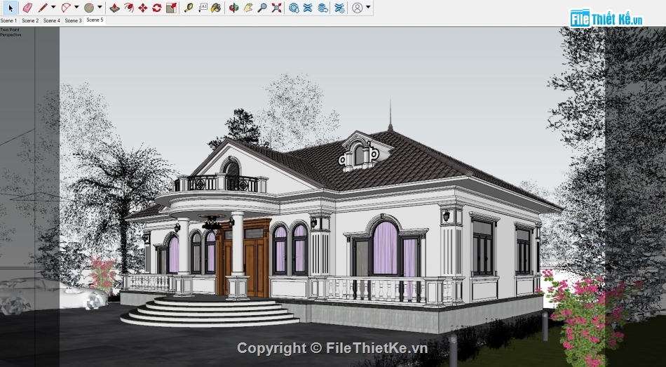 sketchup biệt thự 1 tầng,Biệt thự 1 tầng 18.5x7.5m,Model su biệt thự 1 tầng,File sketchup biệt thự 1 tầng,Biệt thự 1 tầng file sketchup