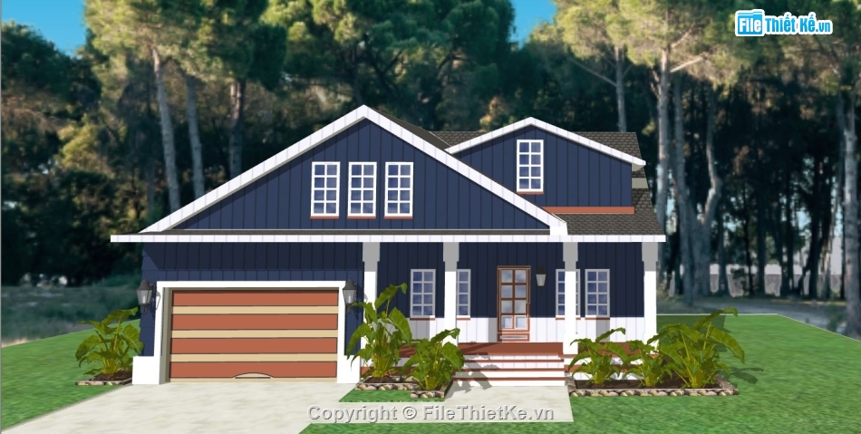 mái thái 1 tầng,biệt thự 1 tầng,dựng sketchup biệt thự 1 tầng,mẫu biệt thự 1 tầng