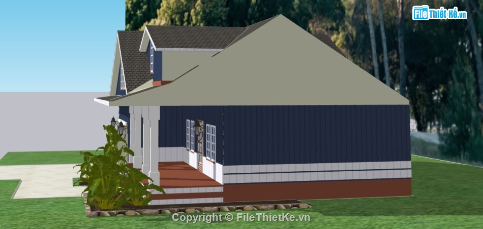 mái thái 1 tầng,biệt thự 1 tầng,dựng sketchup biệt thự 1 tầng,mẫu biệt thự 1 tầng