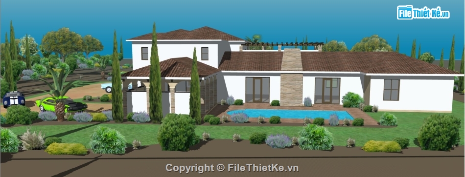 sketchup biệt thự 1 tầng,model sketchup biệt thự 1 tầng,phối cảnh biệt thự 1 tầng,mẫu nhà ngoại ô model su