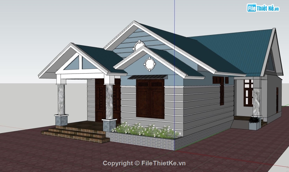 biệt thự 1 tầng nhà vườn,file su biệt thự nhà vườn,model sketchup biệt thự 1 tầng,phối cảnh biệt thự 1 tầng