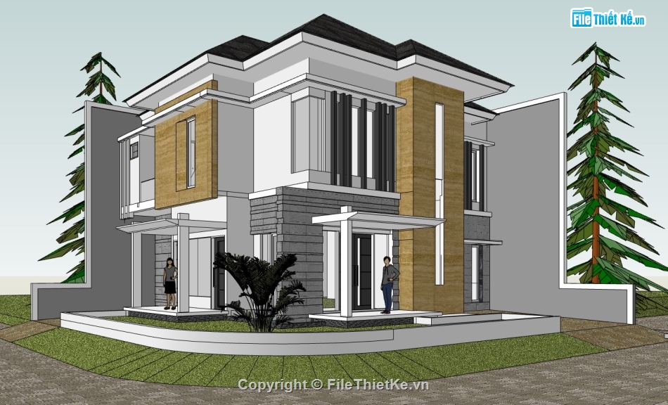 sketchup biệt thự 2 tầng,model su biệt thự 2 tầng,file sketchup biệt thự hiện đại