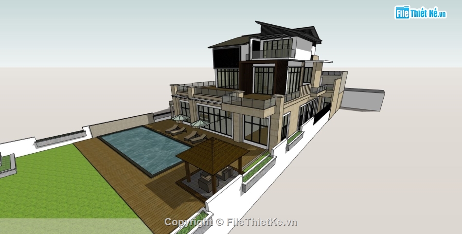 biệt thự 2 tầng,biệt thự sketchup,mẫu sketchup biệt thự 2 tầng,phối cảnh biệt thự 2 tầng