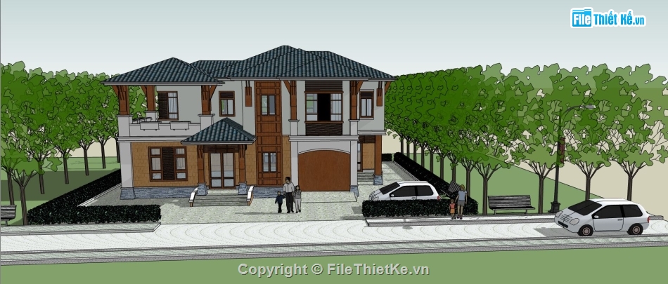 biệt thự sketchup,biệt thự 2 tầng,thiết kế biệt thự 2 tầng,phối cảnh biệt thự 2 tầng