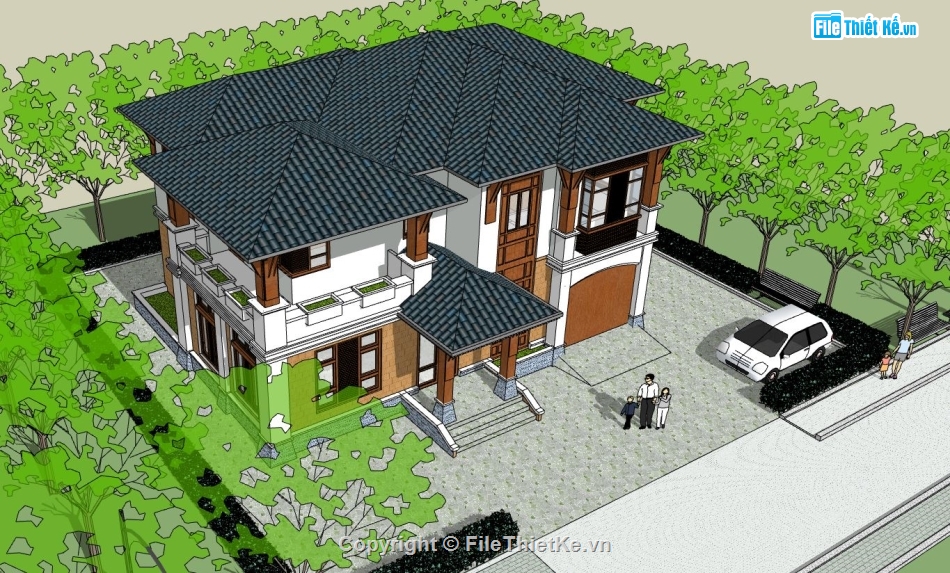 biệt thự sketchup,biệt thự 2 tầng,thiết kế biệt thự 2 tầng,phối cảnh biệt thự 2 tầng
