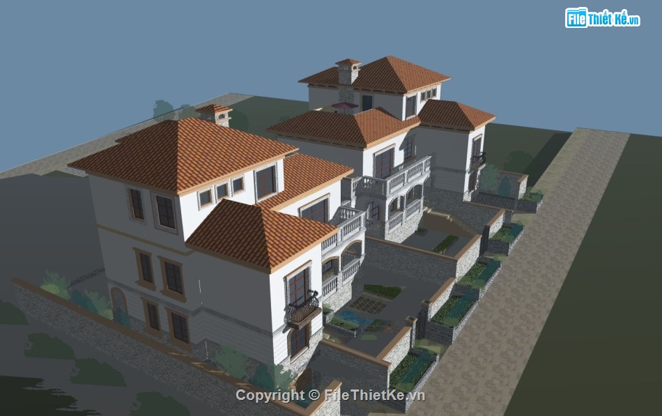 Model sketchup biệt thự,mẫu biệt thự 2 tầng sketchup,phối cảnh biệt thự 2 tầng,sketchup biệt thự 2 tầng