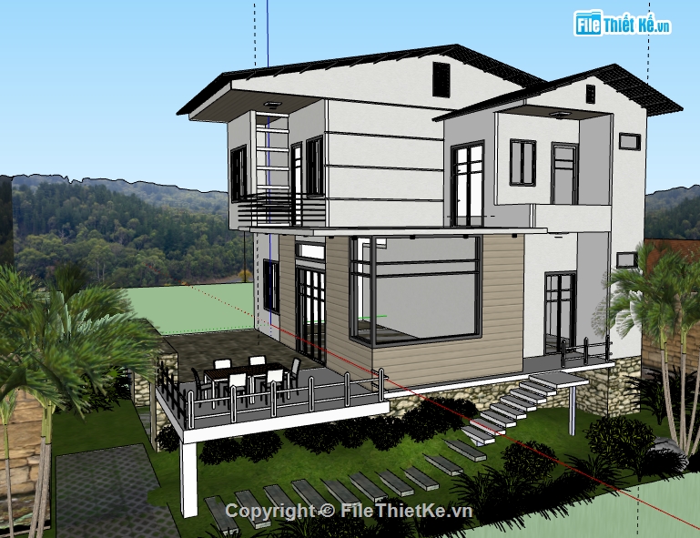 biệt thự 2 tầng file sketchup,model su biệt thự hiện đại,file sketchup bao cảnh biệt thự