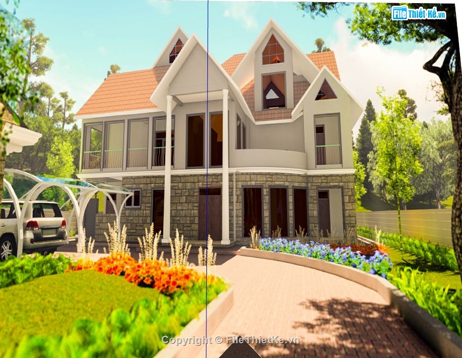 biệt thự 2 tầng,biệt thự sketchup,Model sketchup biệt thự 2 tầng,phối cảnh biệt thự 2 tầng